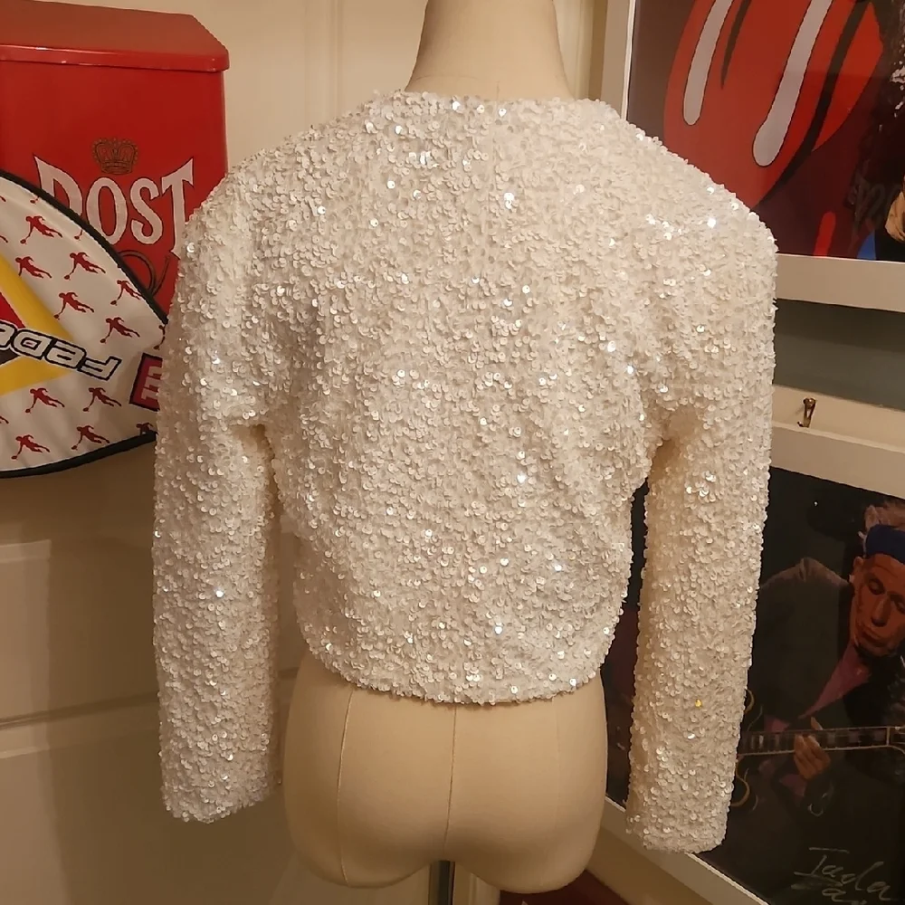 H&M White Sequin Cropped Jacket with Black Ribbon Bows - Picture 4 of 6